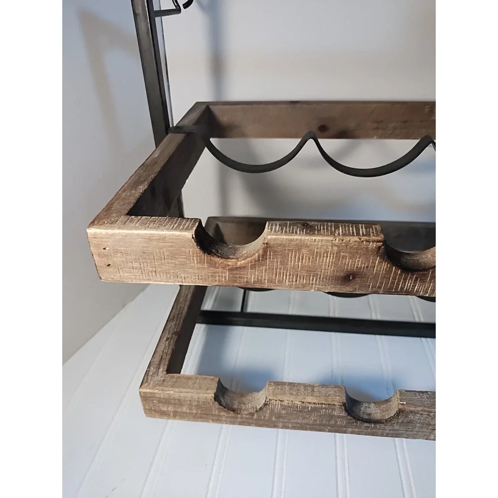 Pottery Barn Wood & Iron Wall Mount Wine Rack 8 Bottles Rustic Farmhouse Cottage